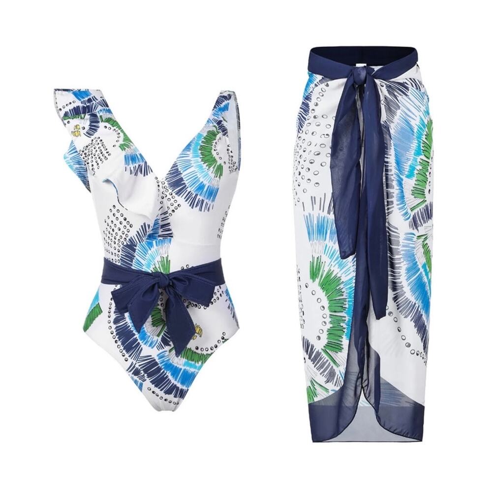 White with Blue One-Piece Swimsuit with Wrap Skirt Cover, Women's Size M